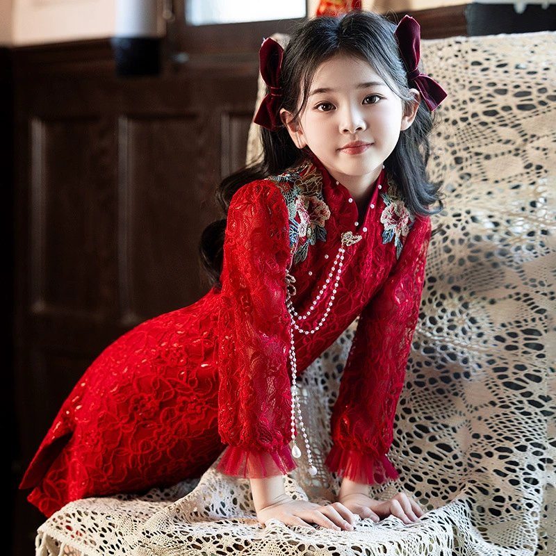 Детское красное платье-ципао для девочек, новинка 2025 года, в китайском стиле, для девочек-цветочниц, платье в китайском стиле для маленьких девочек