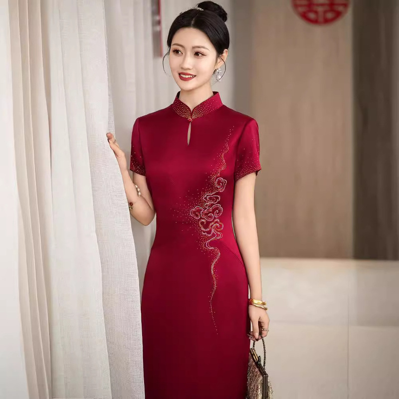 Mother-In-Law's Dress for May Wedding, New Chinese-Style Cheongsam, Wedding Banquet Dress, Acetate Burgundy Long Dress, Plus Size