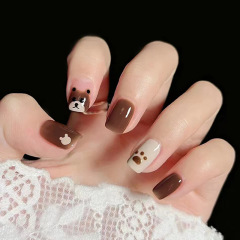 Early Autumn Chestnut Brown Breast Cute Little Bear Wearing Nails Cute Girl Soft-hearted Cute Girl Nail Art Tablets Fake Nail Finished Products