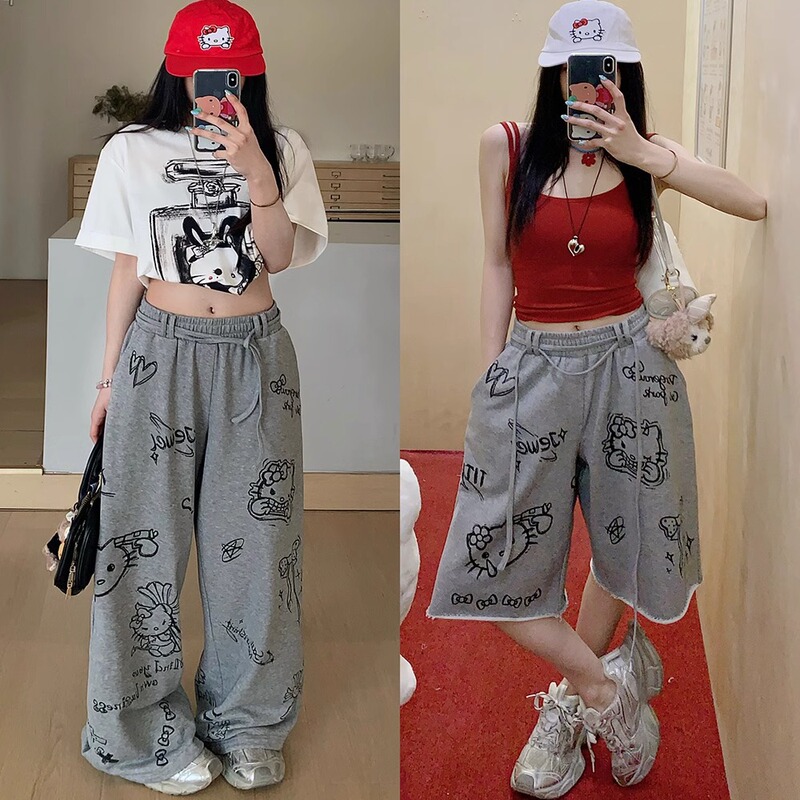 Gray Kitty Cat Casual Pants Women's Summer Thin High Waist Narrow Straight Pants Drawstring Sports Pants Gray Kitty Cat Casual Pants Women's Summer Thin High Waist Narrow Straight Pants Drawstring Sports Pants