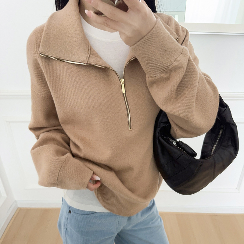 Half-Zip Stand Collar Simple Knit Sweater 2026 Spring New Style Plus Size Elegant Fashionable Wool Top for Women