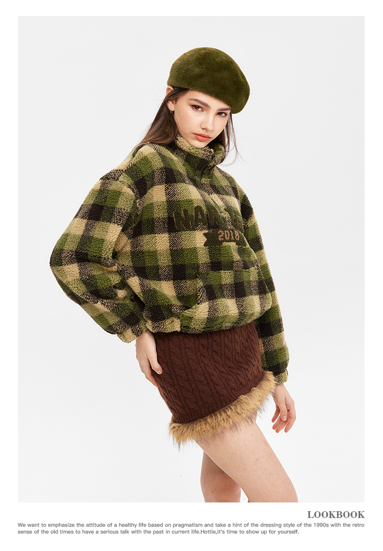 Women's Retro Half Zip Sweater Jacket Letter Embroidered Plaid_voghion.com