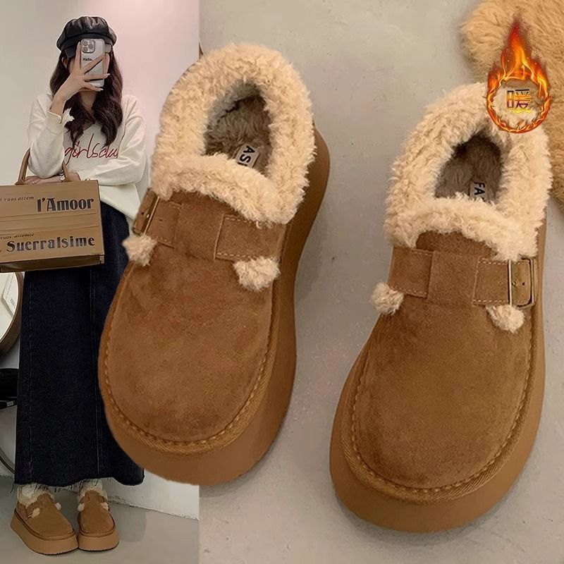 女童厚底勃肯鞋女孩冬加绒雪地靴儿童乐福鞋魔术贴保暖棉鞋卡其色