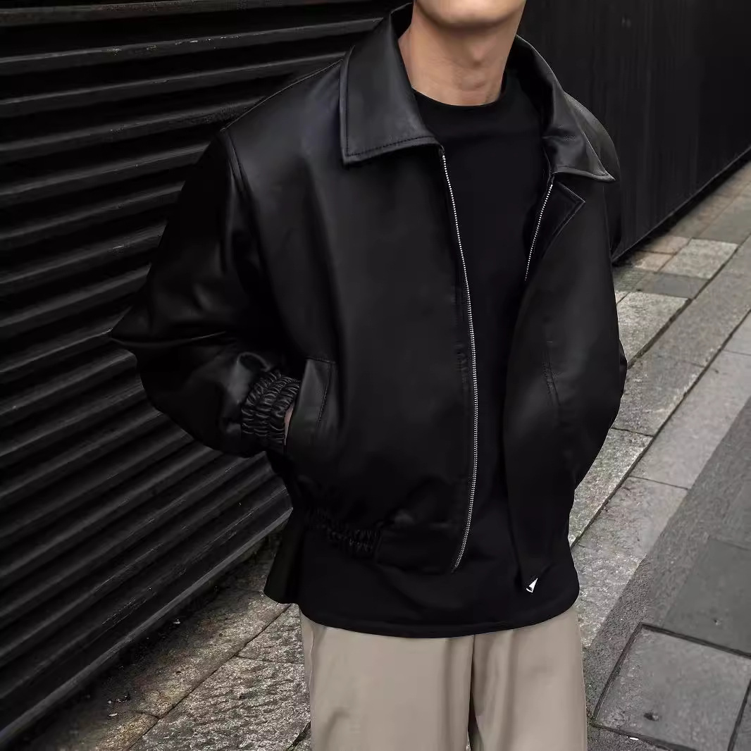 跨境新款美式复古感cleanfit垫肩皮夹克男士休闲宽松翻领pu皮外套