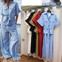 外贸女装两件套欧美风时尚游猎衬衫翻领短袖女士休闲套装定制百搭