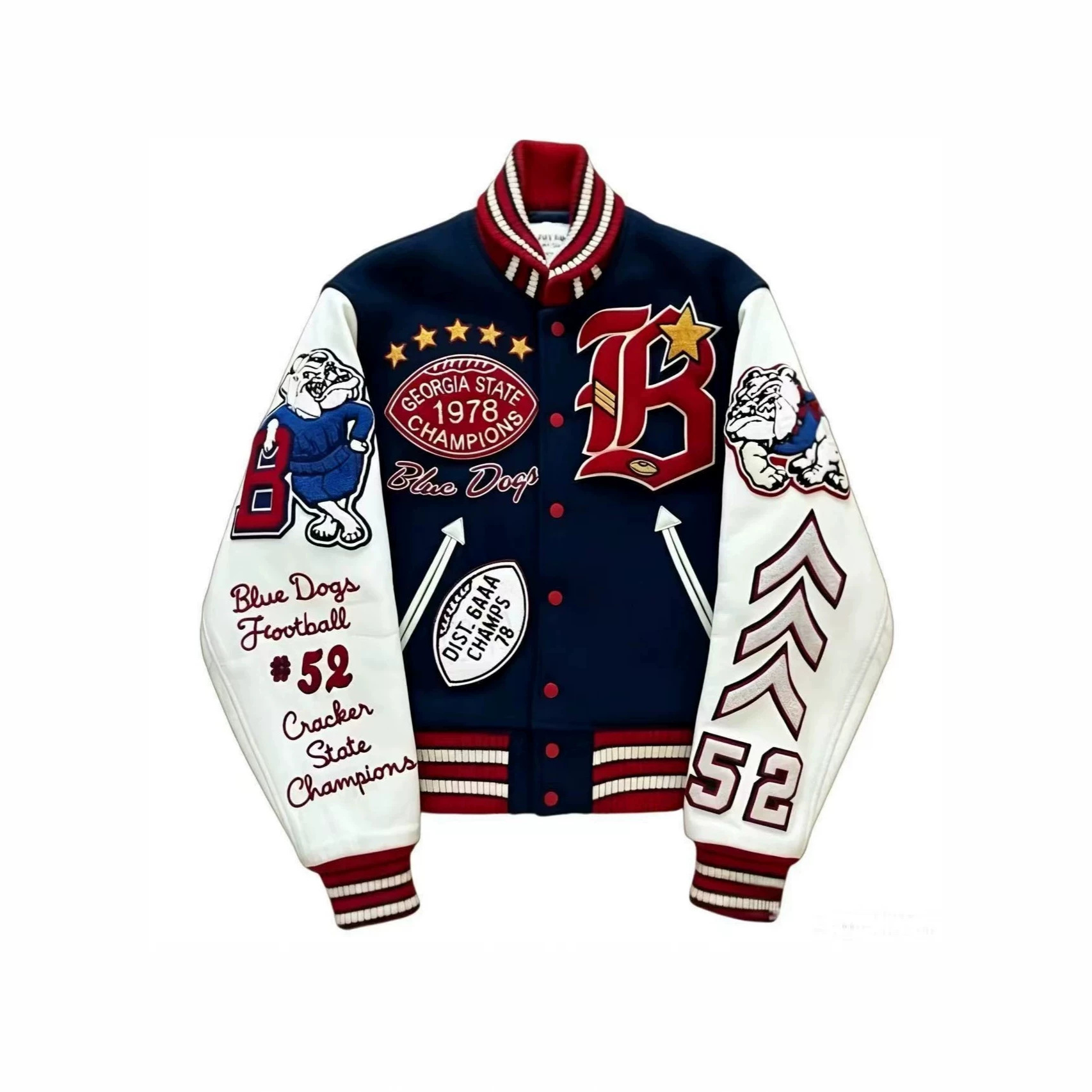 Cross-border Japanese baseball uniform, featuring a forest park design, blue dog (Spike) motif, and a thick, quilted, leather-patch baseball jacket