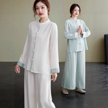 日本外贸一线品牌夏季棉麻太极服练功服套装禅意居士服两件套短袖