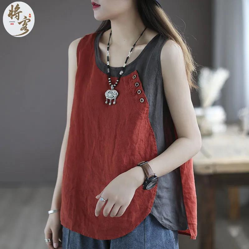 Cotton and Linen 2026 Summer New Style Loose Camisole Women's Asymmetrical Top with Button Decoration and Patchwork Sleeveless Top