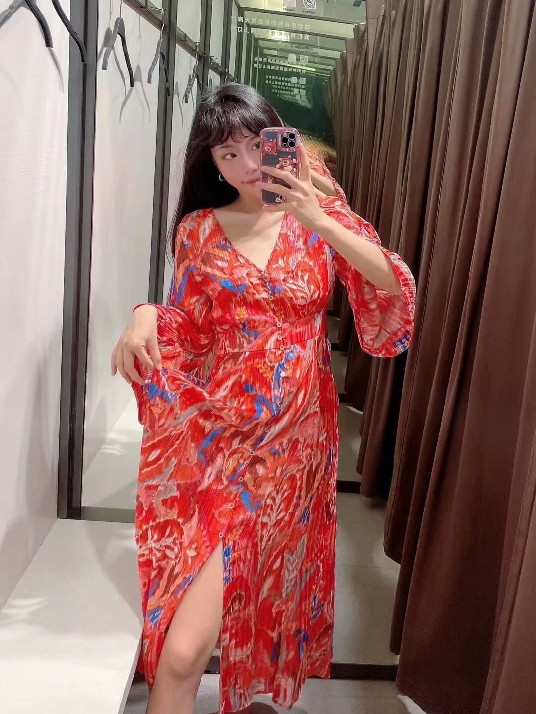 V neck waist slimming single-breasted red metallic thread printed dress Nihaostyles wholesale clothing vendor NSAM74163