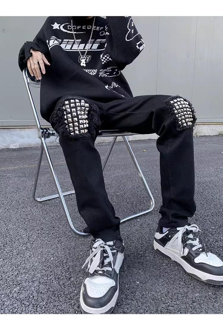 2025 Spring And Autumn Versatile Fashion Black Distressed Design Jeans Washed Wear-resistant Youth Long Pants Men's Cool_mkmklike.com