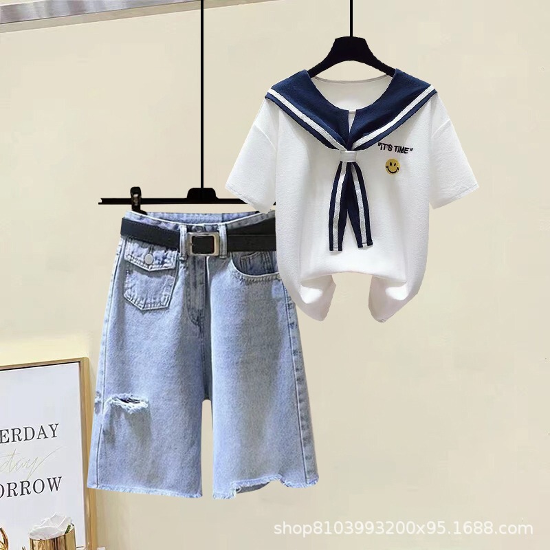 No belt# Denim shorts suit #2024 summer new academic style short sleeve women's Denim pants with holes No belt# Denim shorts suit #2024 summer new academic style short sleeve women's Denim pants with holes