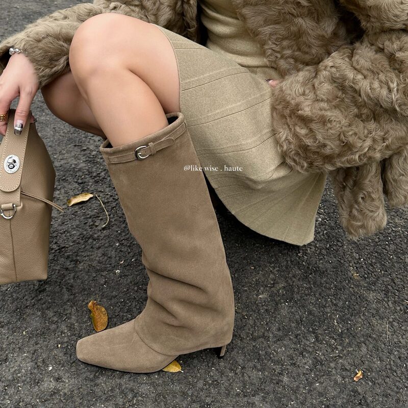 2026 New Style Maillard Retro Boot with Square Toe, Buckle Strap, Suede High Heel Knee-High Boots for Women