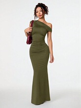 W 26955 Sleeves Slant Neck Backs Dress б��¶������ȹ