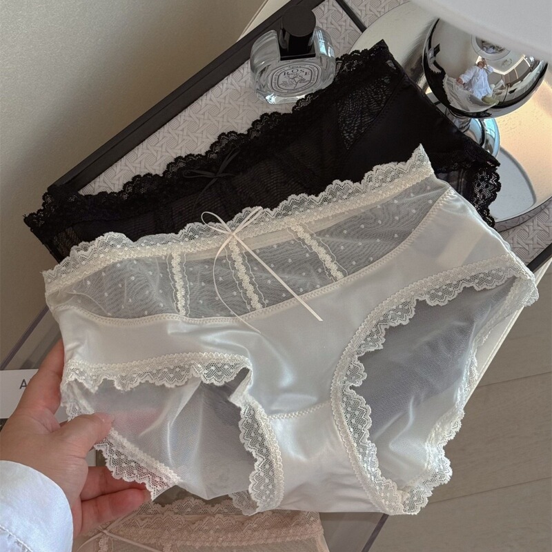 Satin sheer mesh lace sexy hip-hugging panties for women, mid-waist, pure cotton crotch, women's triangle panties Satin sheer mesh lace sexy hip-hugging panties for women, mid-waist, pure cotton crotch, women's triangle panties