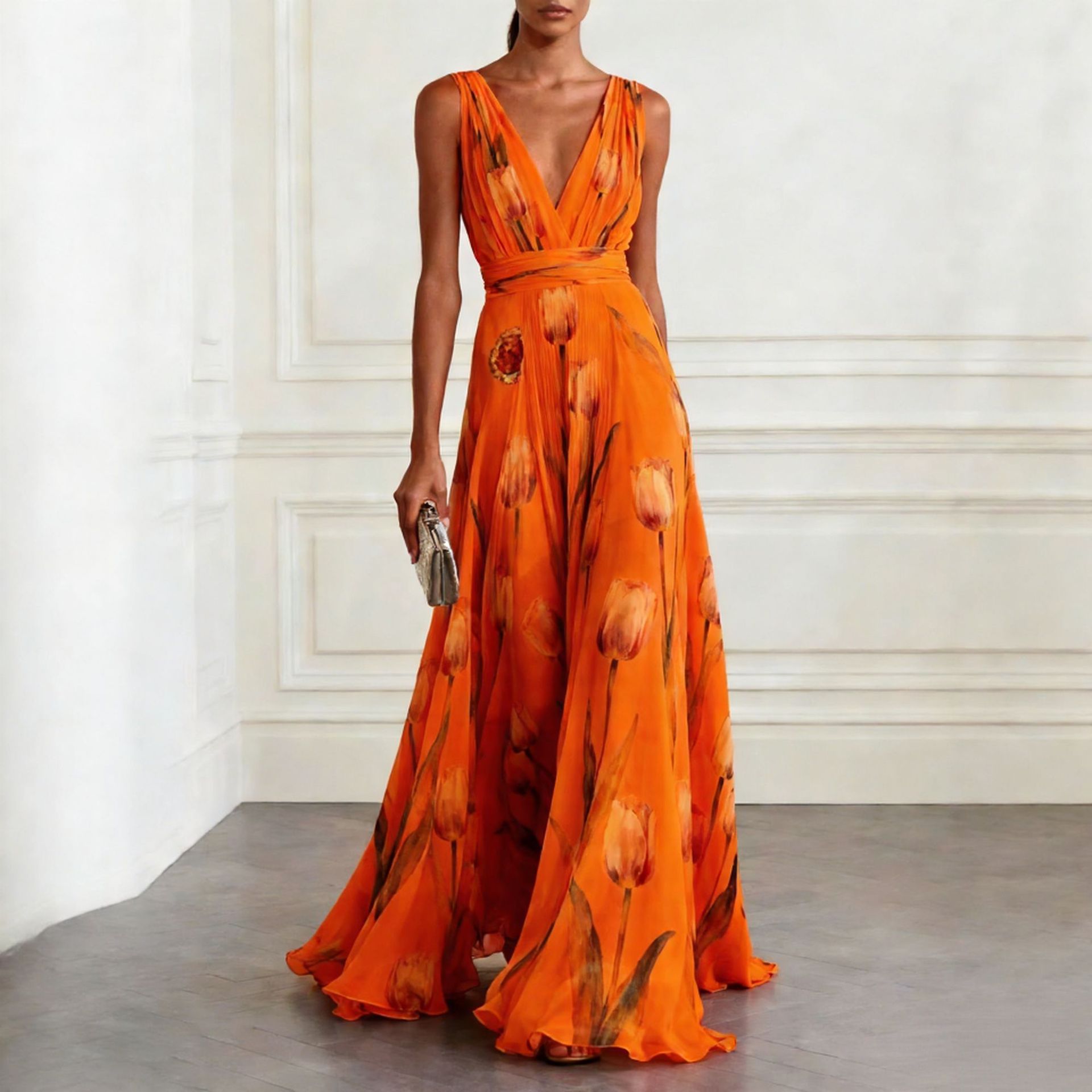 Tulip Printed Evening Dress Women's Sleeveless V-Neck Chiffon Dress_ecoleips.com