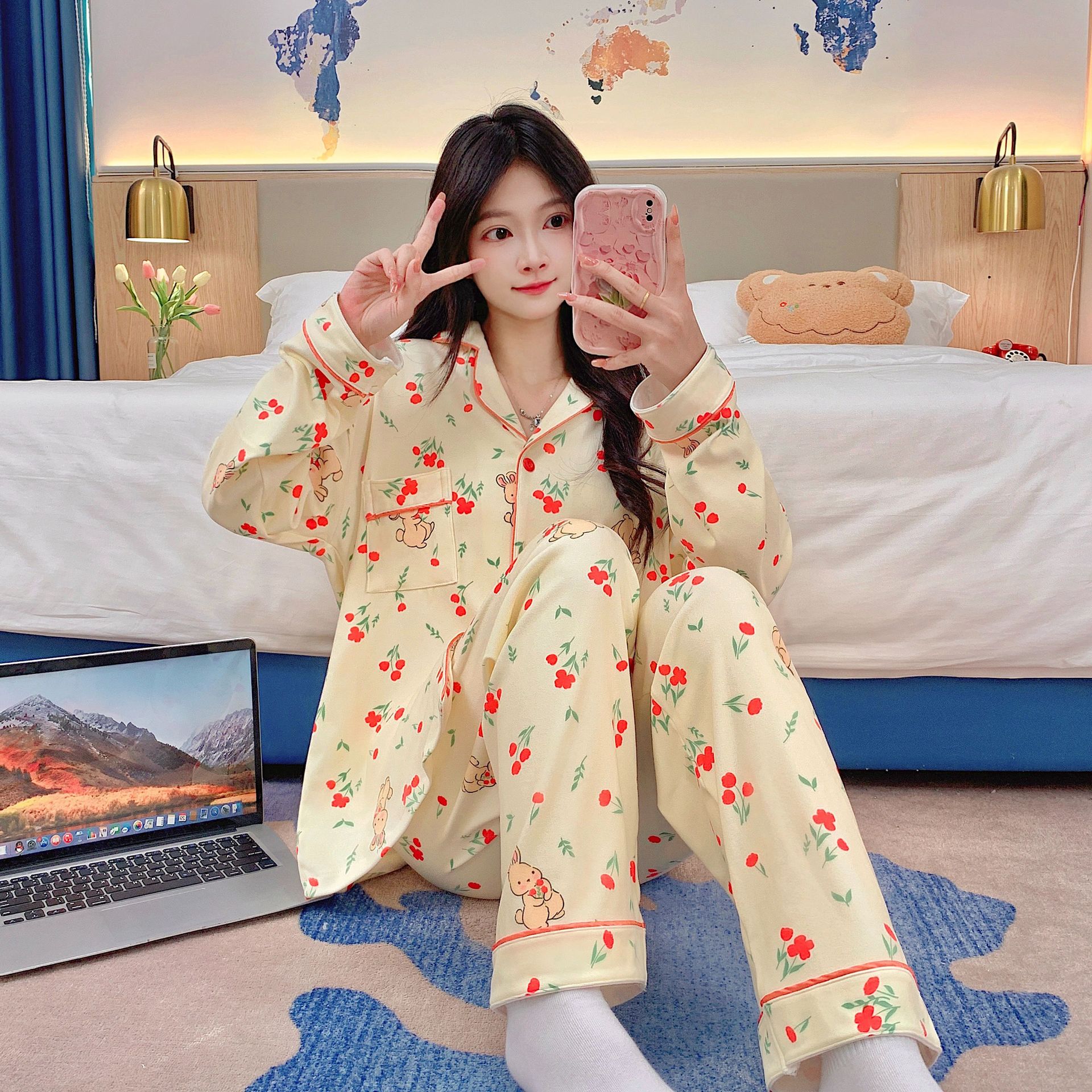 Pijamas al por mayor transfronterizos de mujeres otoño invierno manga larga princesa de dibujos animados de ternilla viento red roja cardigán otoño invierno ropa de hogar se puede usar fuera