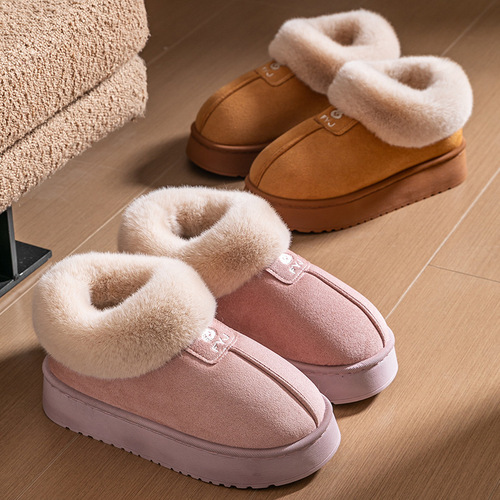 Women's Cotton Slippers for Winter: Simple, Outwear-Ready, Heel-Covered Snow Boots—Fleece-Lined, Thickened, Warm, and Fluffy; Couples' Cotton Shoes