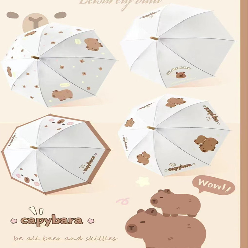 カピバラ漫画ストレートハンドル傘透明 POE プリントストレートハンドル傘かわいいガーリーハート学生ロングハンドルカーブフック雨|undefined