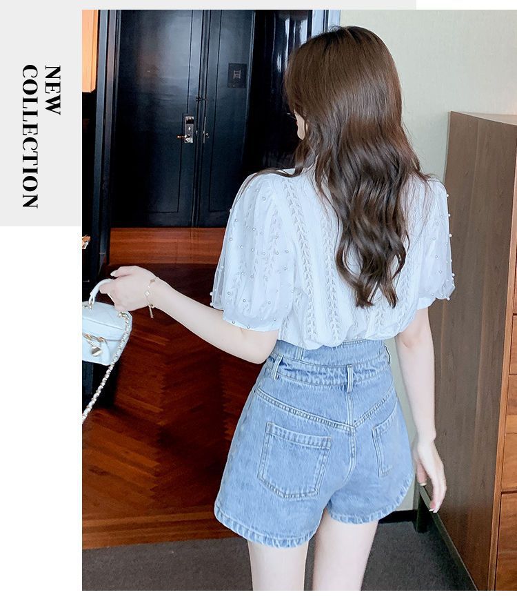 Camicetta da donna in pizzo con maniche a palloncino in rete con perline, cardigan estivo a maniche corte, top trasparente casual, abbigliamento da strada alla moda_voghion.com