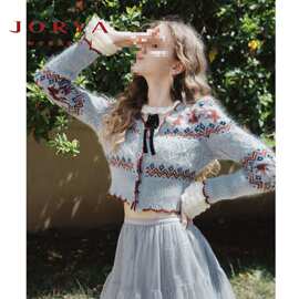 春秋新款复古泡泡袖单排扣针织衫撞色条纹毛衣宽松针织开衫