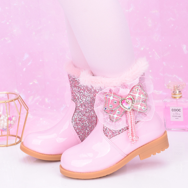 Girls' short boots 2023 autumn and winter New Princess boots fashion little girl cotton boots fleece-lined waterproof children's flat boots Girls' short boots 2023 autumn and winter New Princess boots fashion little girl cotton boots fleece-lined waterproof children's flat boots
