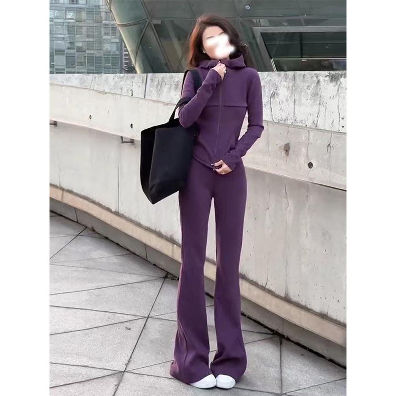 欧货紫色休闲运动套装女春秋2025洋气修身显瘦卫衣微喇裤两件套|undefined