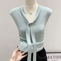 フレンチスタイルデザインリボンプルオーバーノースリーブベスト女性のための2025年夏の新しいスリムフィットニットトップ