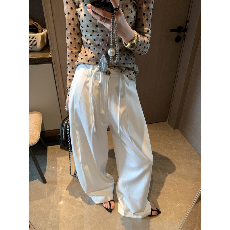Mochie Minimalist Luxury Style Relaxed Old Money Style White Drawstring High-Waisted Pleated Wide-Leg Casual Pants Mq1314 Mochie Minimalist Luxury Style Relaxed Old Money Style White Drawstring High-Waisted Pleated Wide-Leg Casual Pants Mq1314