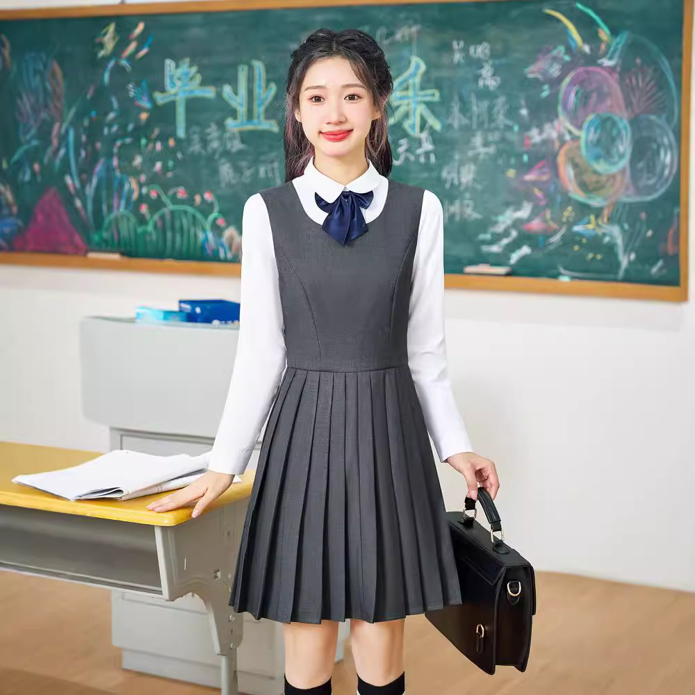 (2개) 여성을위한 대학 스타일 주름 치마 드레스 봄, 가을 새로운 유치원 교사 유니폼 훈련 조기 교육 JK 유니폼 정장