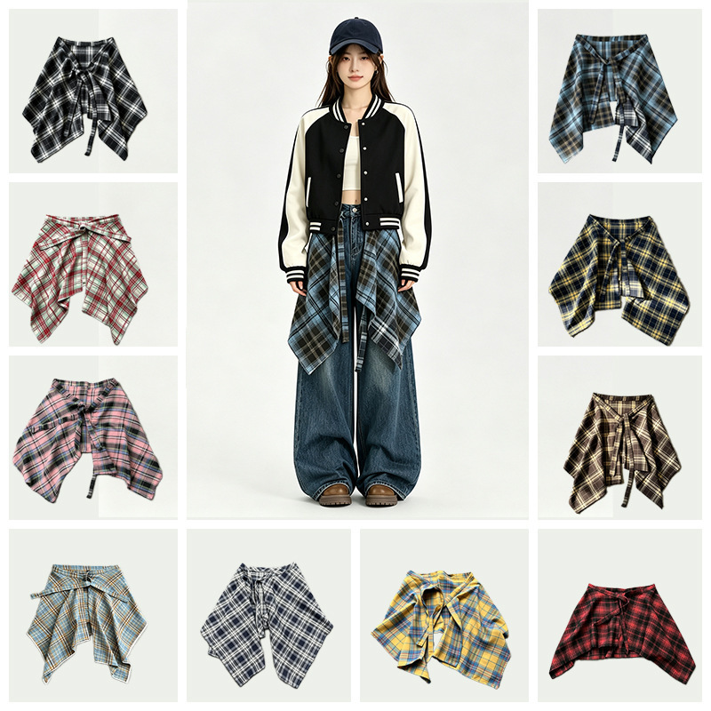 American Retro Plaid Skirt with Large Hem, One-Piece Design for Layering, Covering the Buttocks, Shirt Hem Style