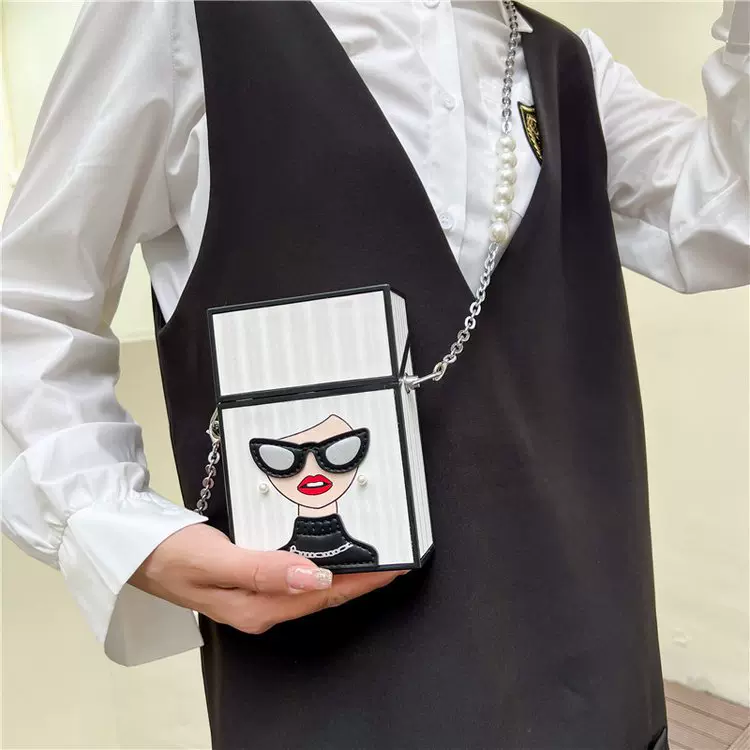 跨境新款烟盒美女包时尚眼镜女孩包包个性百搭珍珠链条包