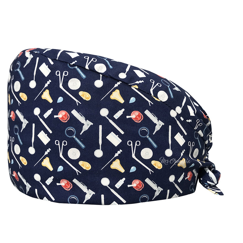 Gorro de Médico de Algodón Puro Estampado para Comercio Exterior, con Correa Ajustable con Botones, Absorbente de Sudor, Gorro de Dibujos Animados para Estudio, Gorro de Enfermera de UCI