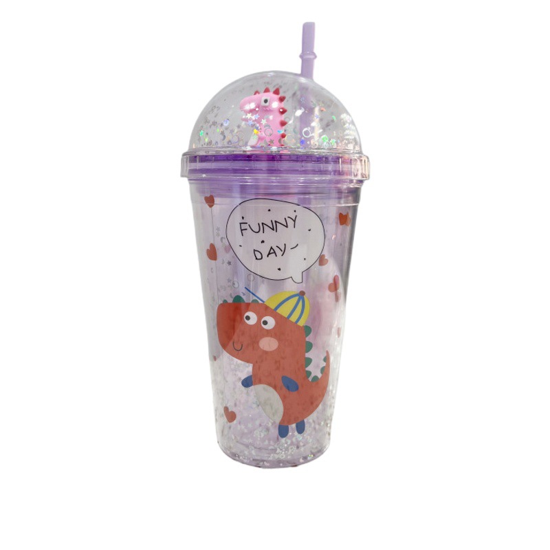 Nueva creativo verano dinosaurio paja taza de dibujos animados doble regalo de plástico taza de agua cubierta redonda con lentejuelas taza de paja