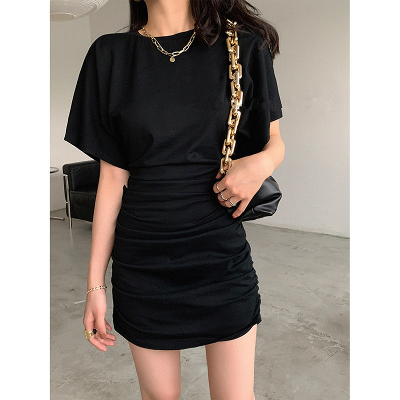 Folded Bag Hip Short-sleeved Short Dress Women's Summer Sexy Waist Slimming Tight Temperament Spice Girl Half-length Dress