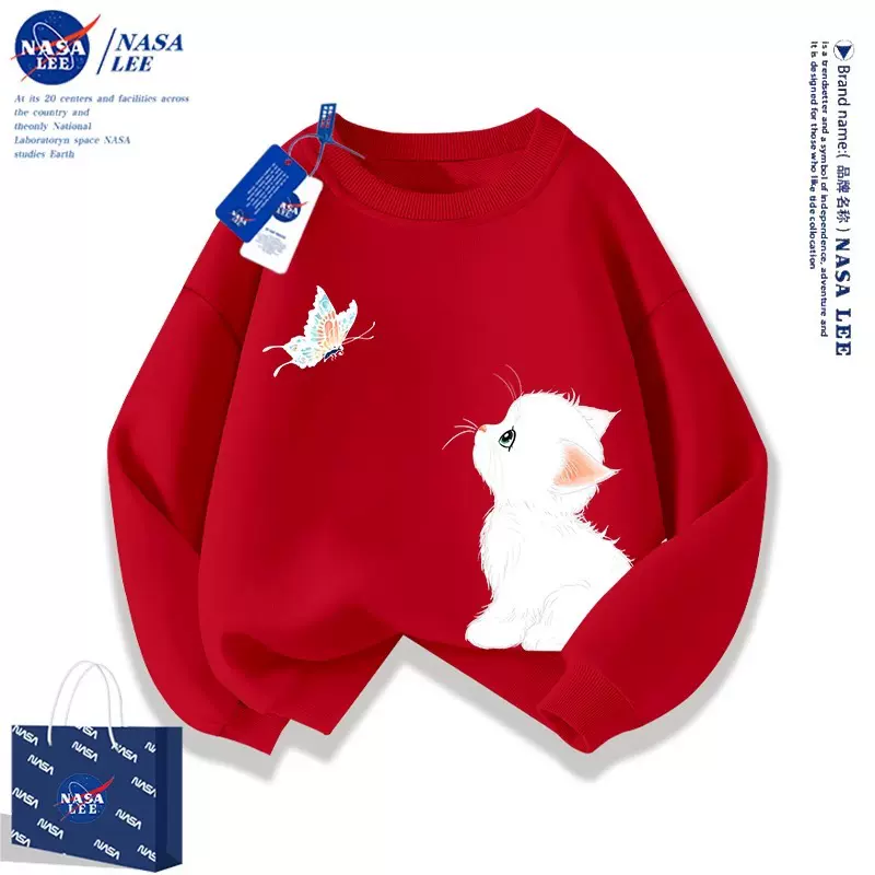NASA女童秋装卫衣2024新款中大童女孩红色加绒儿童秋冬上衣批发