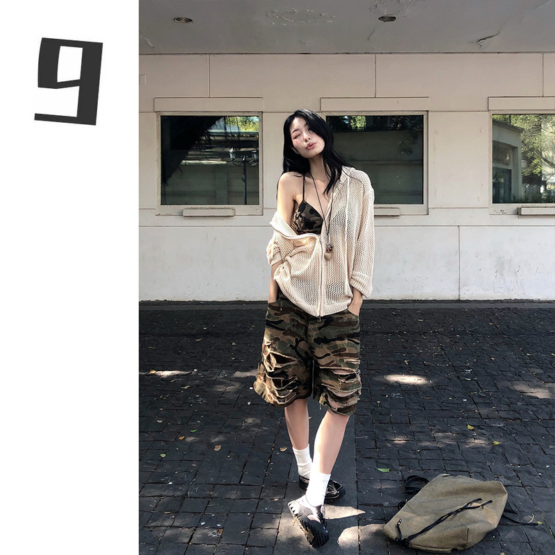 [9Hour] American Trendy Style Ripped Denim Shorts for Women 2026 Summer New Style Five-Point Denim Shorts Cx524