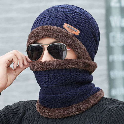 Thick Fleece Lined Knitted Beanie for Men - Winter Warm Cotton Cap with Ear Protection, Windproof and Cold-Resistant, Trendy Youth Style