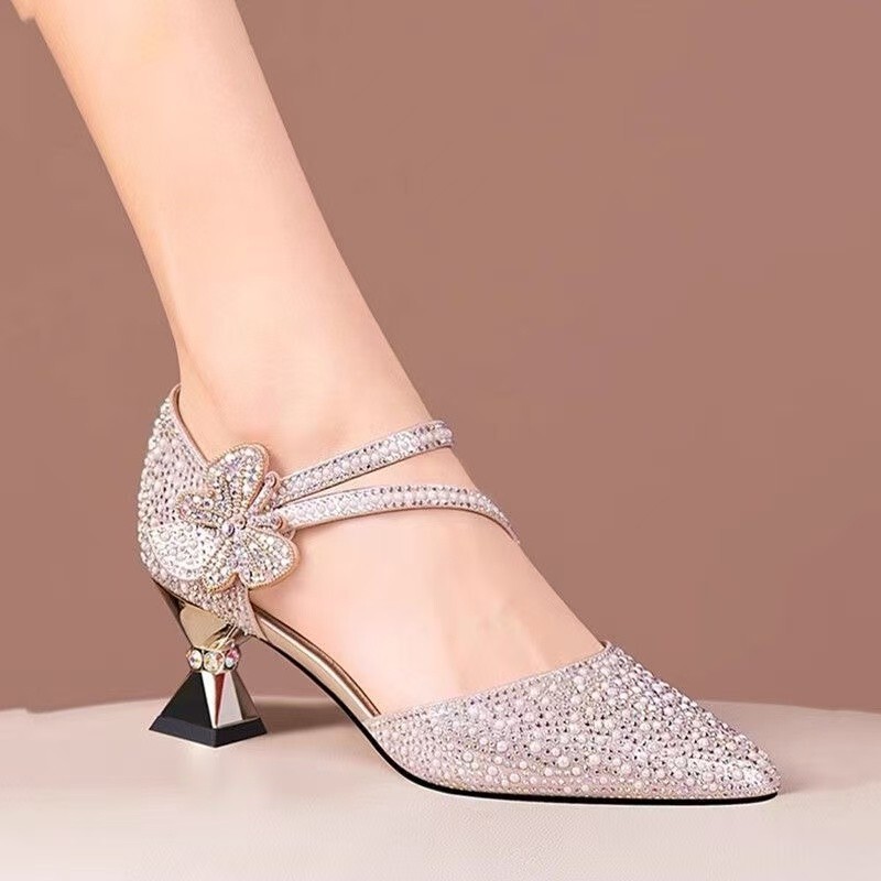 Plaid Soft Leather Gold Banquet High Heels High-End Gold Sandals Women's Thick Heels 2025 New Style Women's Shoes with Skirts