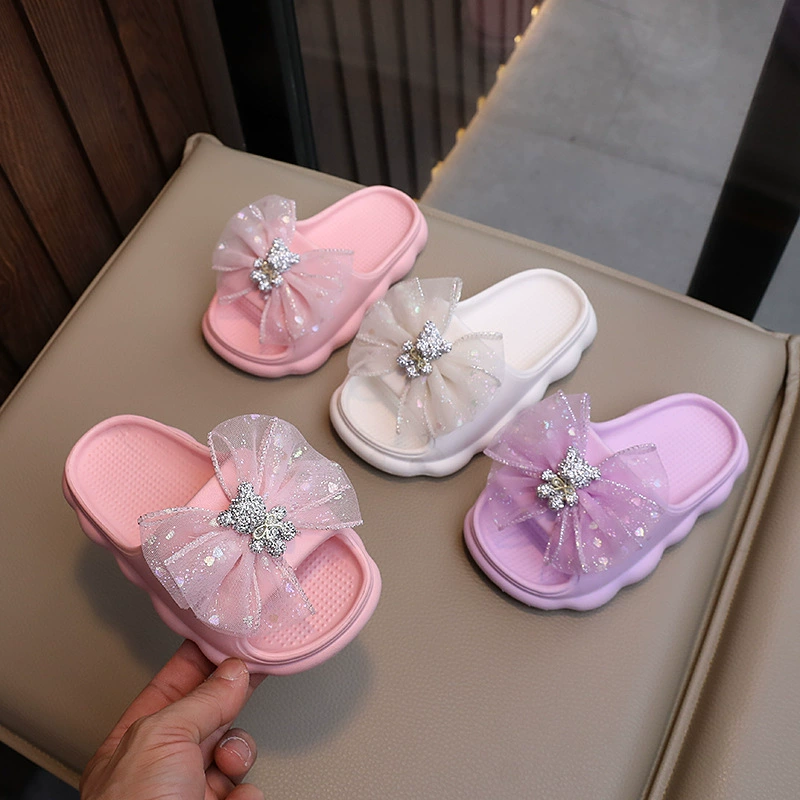 Summer children's slide, non-slip cute slippers, beach footwear with bow for princess, soft sole, with little bears