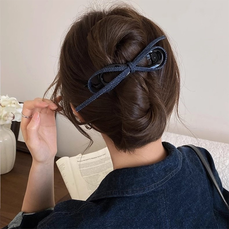Vintage Denim Bow Twist Clip for Women, High-End 2025 New Style Hairpin for Back of Head Updo Hair Accessory