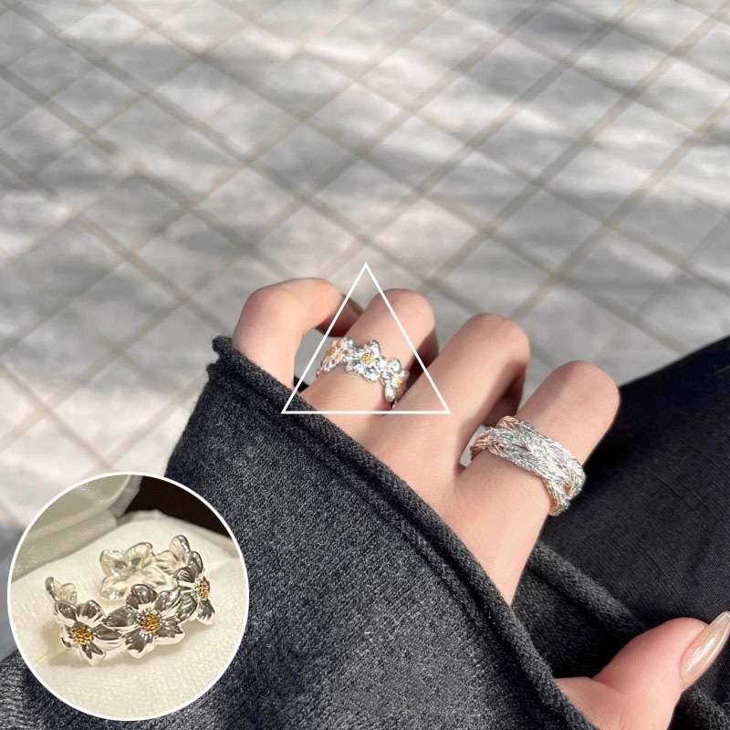 Anillo cuadrado chapado en plata S925 para mujer, anillo abierto en forma de V geométrico de moda vintage, anillo irregular para el dedo índice estilo ins.