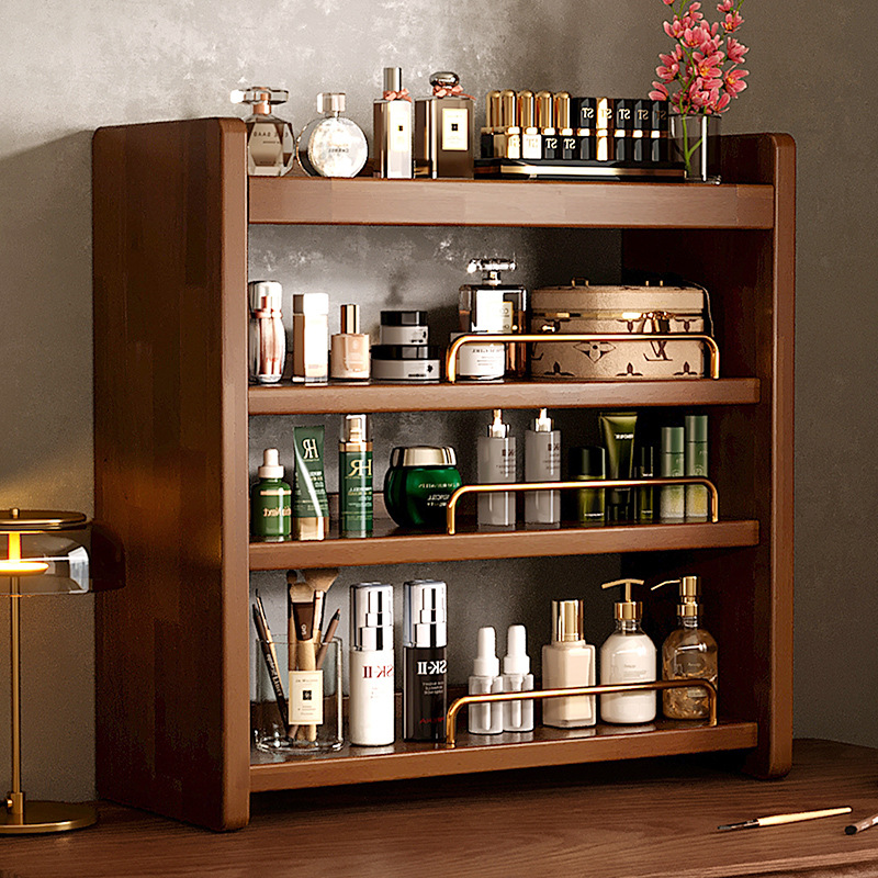 Caja de almacenamiento de cosméticos de madera maciza Estante de almacenamiento de sensación premium de escritorio Tocador Perfume Lápiz labial Estante de soplo de polvo Joyas