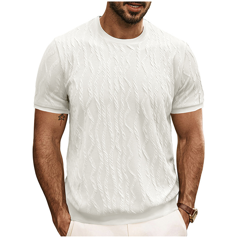 Amazon European and American Men's Short-sleeved T-shirt Jacquard Knitted Sweater Foreign Trade Cross-border Men's Crewneck Rib Pullover Top