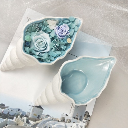 Pointed small conch ceramic blue ocean style immortal flower diy flower ornaments container jewelry storage ashtray