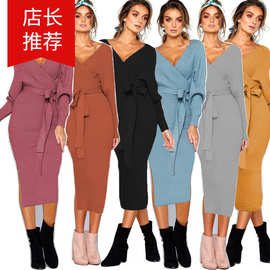 2025欧美跨境5色年秋冬季性感V领带长袖女连衣裙亚马逊wish