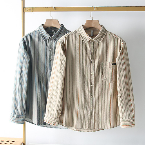 Japanese Retro Corduroy! Striped Color Block! Autumn Men's Pure Cotton Fashion Casual Long-Sleeve Shirt Trend