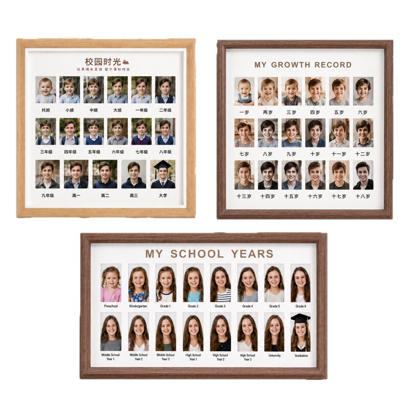 Trendy Children's Wooden Photo Frame for Growth Stages from Kindergarten to University, Multi-Frame Commemorative Frame for Id Photos Trendy Children's Wooden Photo Frame for Growth Stages from Kindergarten to University, Multi-Frame Commemorative Frame for Id Photos