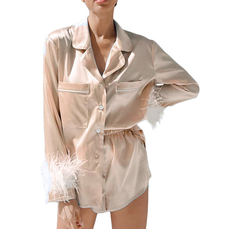 ChicShe European American Pajama Cross-Border Spring Feather French Homewear Women's Shirt And Shorts Two-Piece Set_voghion.com