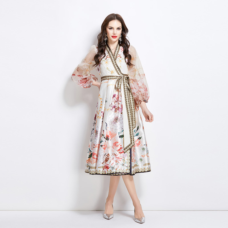 2025 Spring New V Neck Ethnic Style Printed Satin Wrap Long Dress