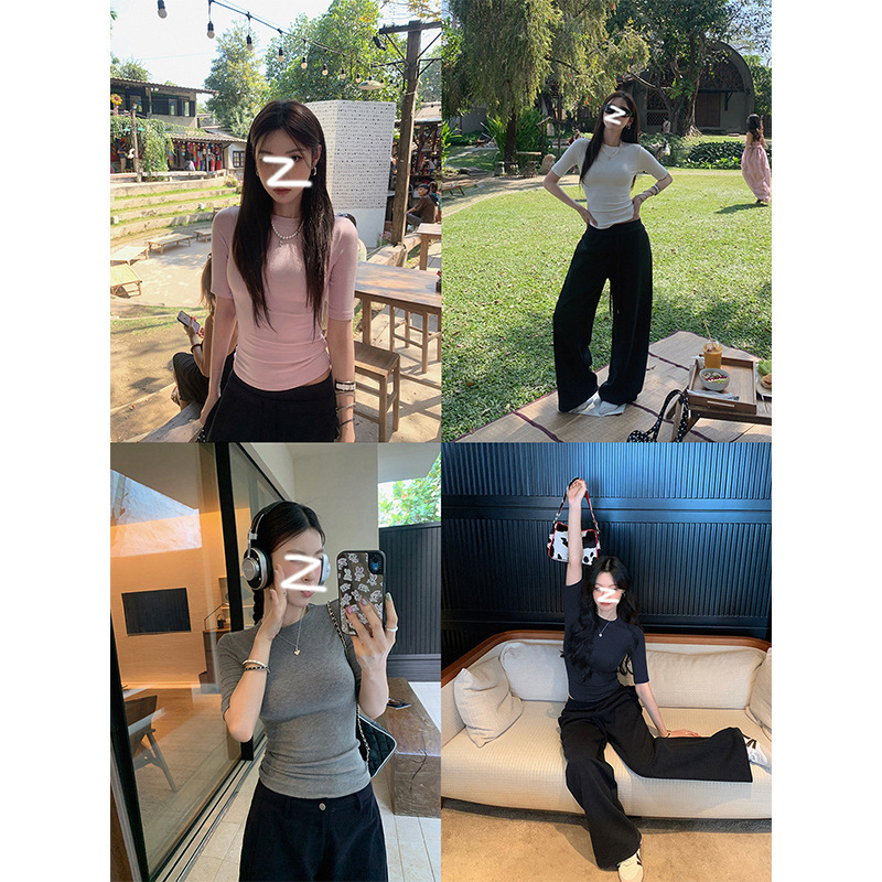 Slim-Fit, Waist-Cinching, Slimming Effect Five-Quarter Sleeve T-Shirt for Women, Trendy Niche Solid Color Round Neck Casual Versatile Short-Sleeve Top